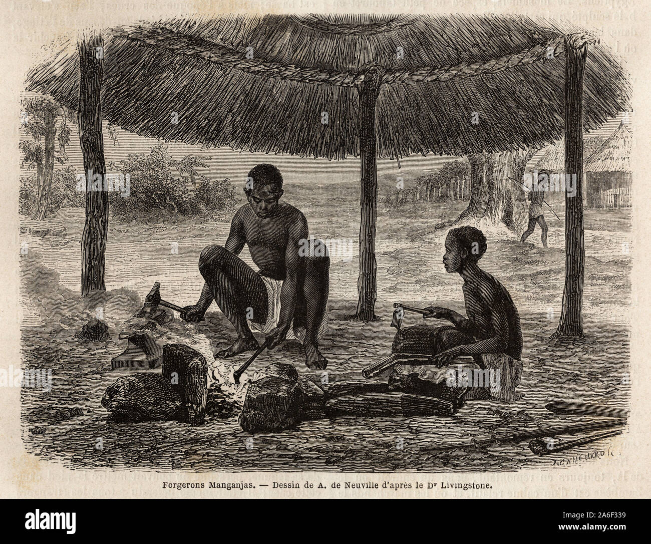 Forgeron manganjas ( ethnie de la region du Zambeze). Gravure pour illustrer les premiers voyages du docteur Livingstone en Afrique Australe de 1840 a Stock Photo