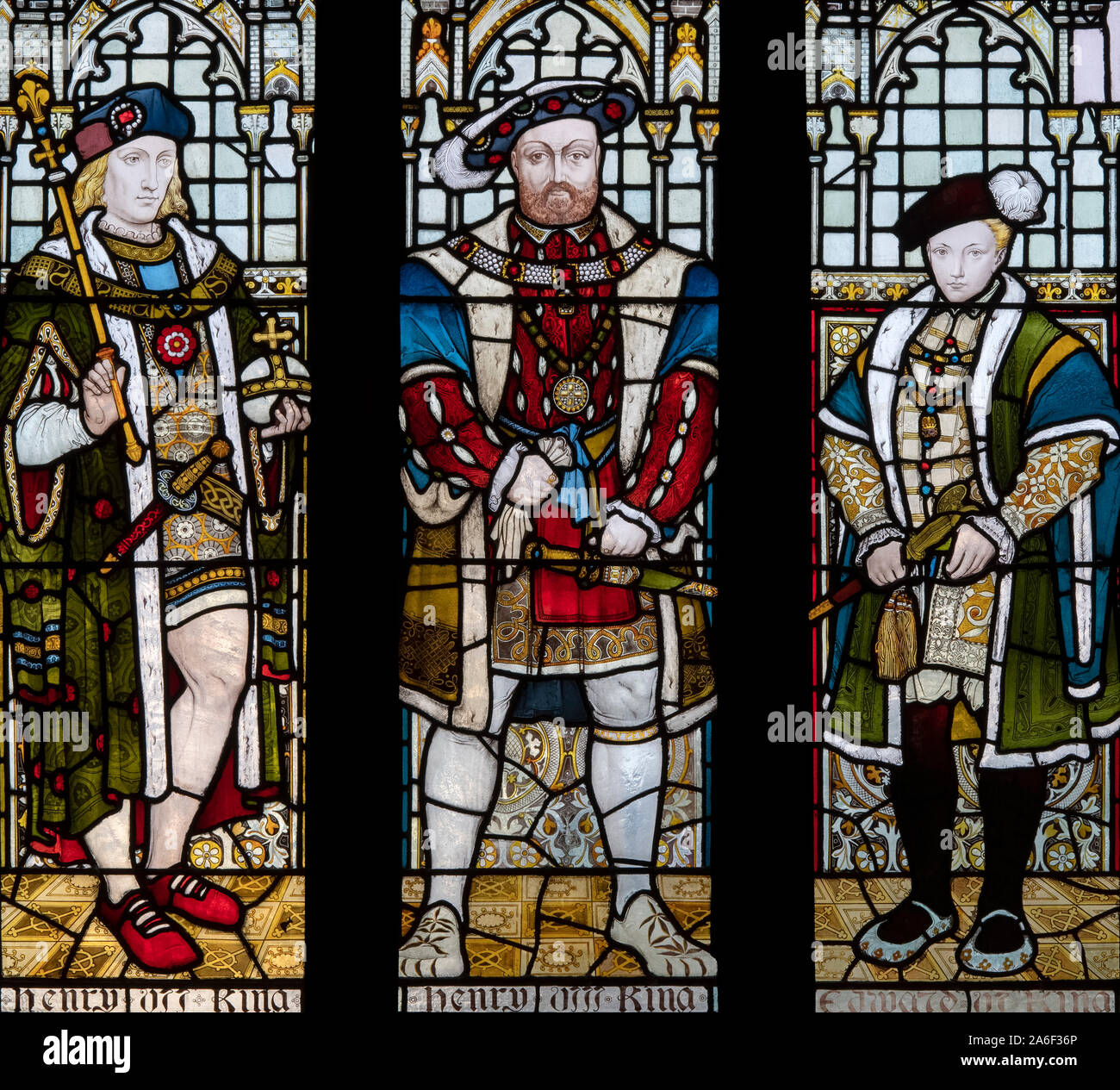 House of Tudor Monarchs depicted by Heaton, Butler and Bayne (1871) in the Great Hall, Rochdale Town Hall, Greater Manchester, UK Stock Photo