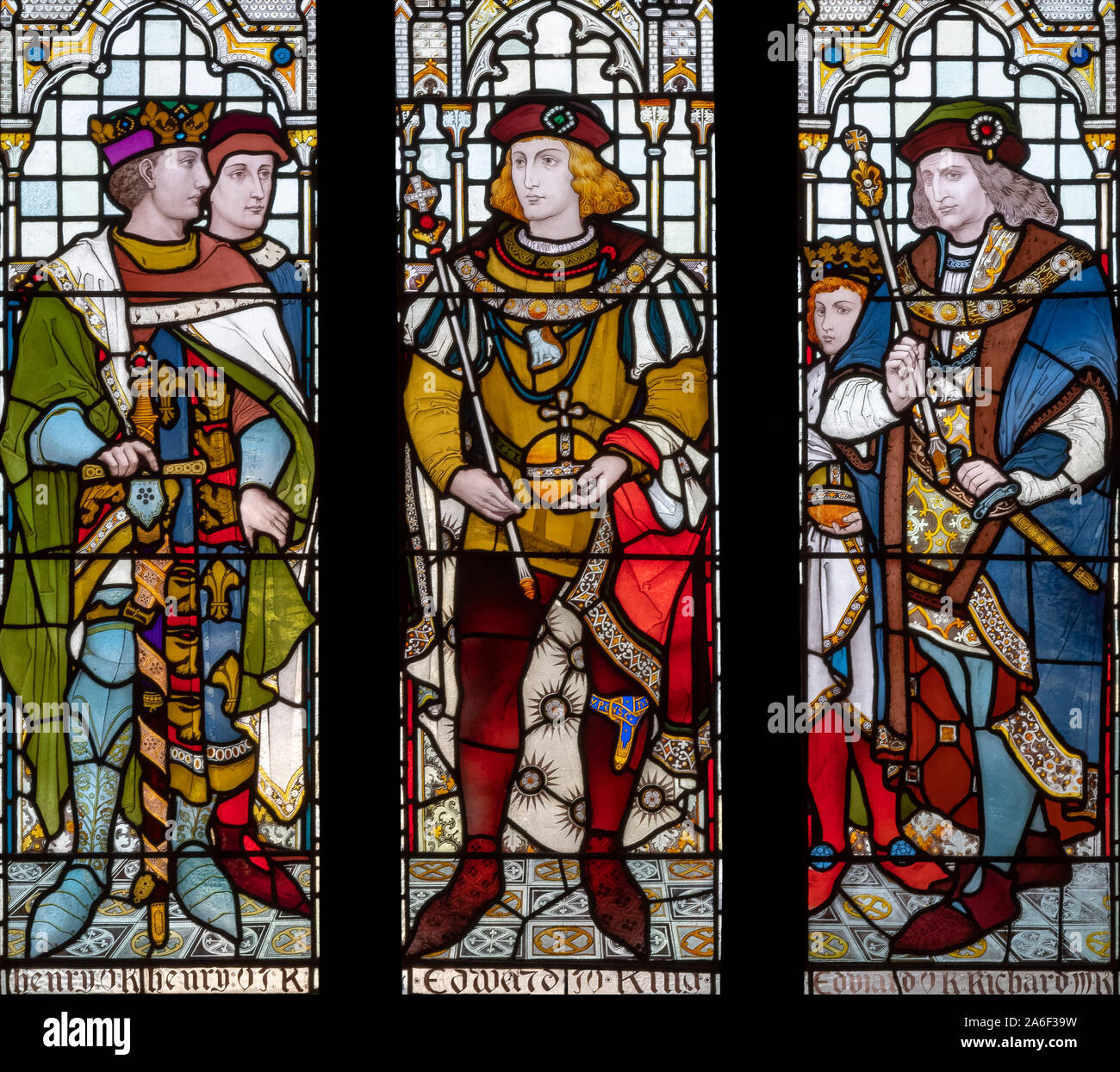 15th century English Monarchs depicted by Heaton, Butler and Bayne (1871) in the Great Hall, Rochdale Town Hall, Greater Manchester, UK Stock Photo