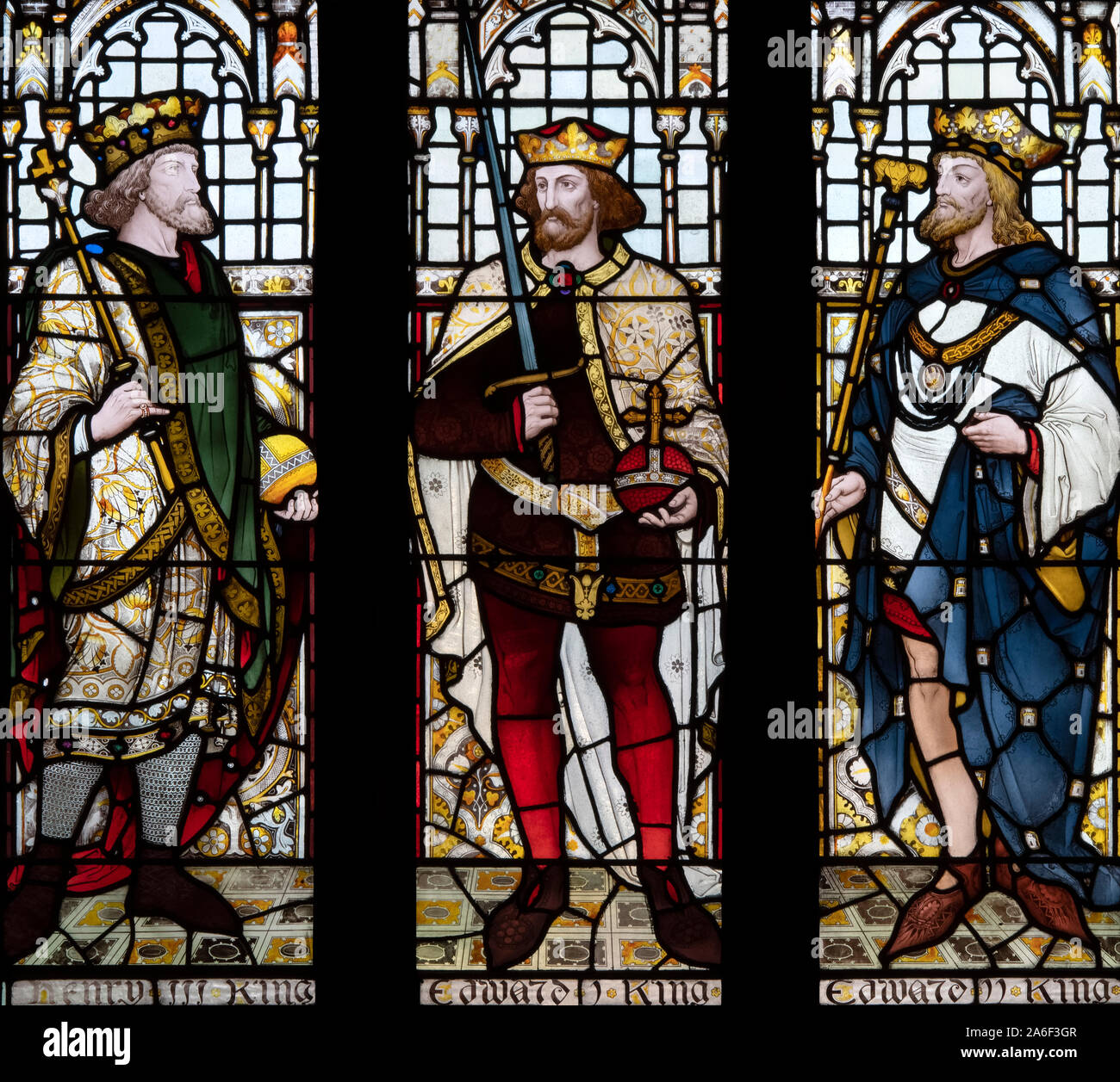 13th and 14th century English Monarchs depicted by Heaton, Butler and Bayne, Rochdale Town Hall, Greater Manchester, UK Stock Photo