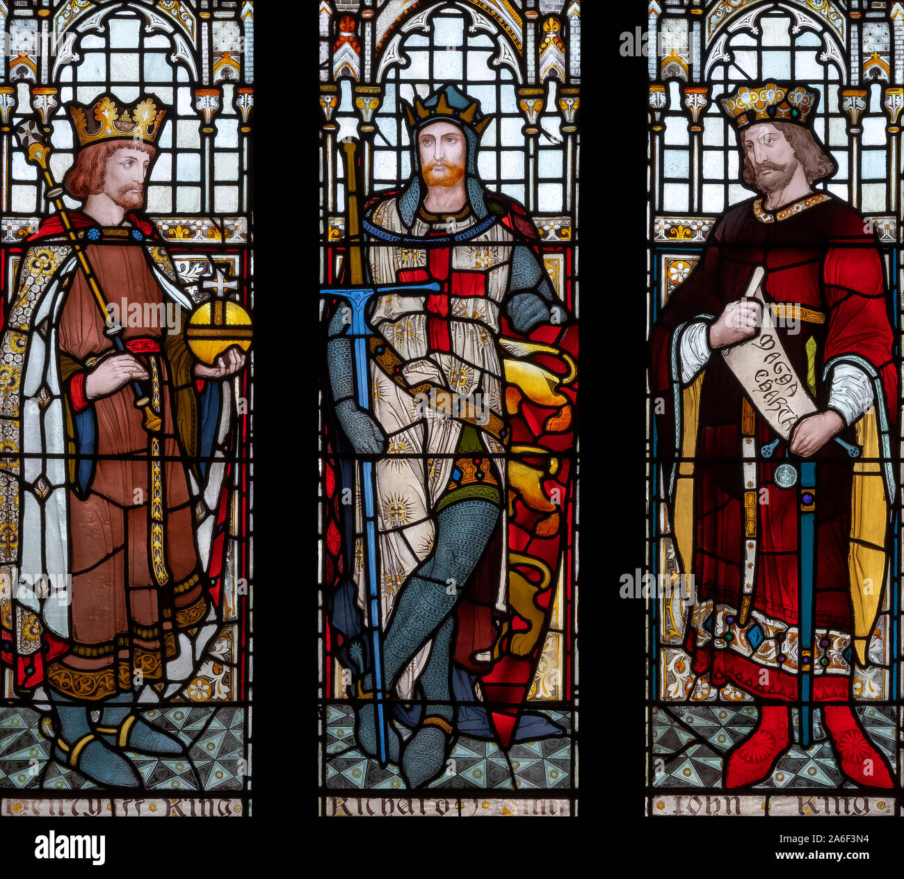 English Monarchs of the 12th and 13th century depicted by Heaton, Butler and Bayne (1871), Rochdale Town Hall, Greater Manchester, UK Stock Photo