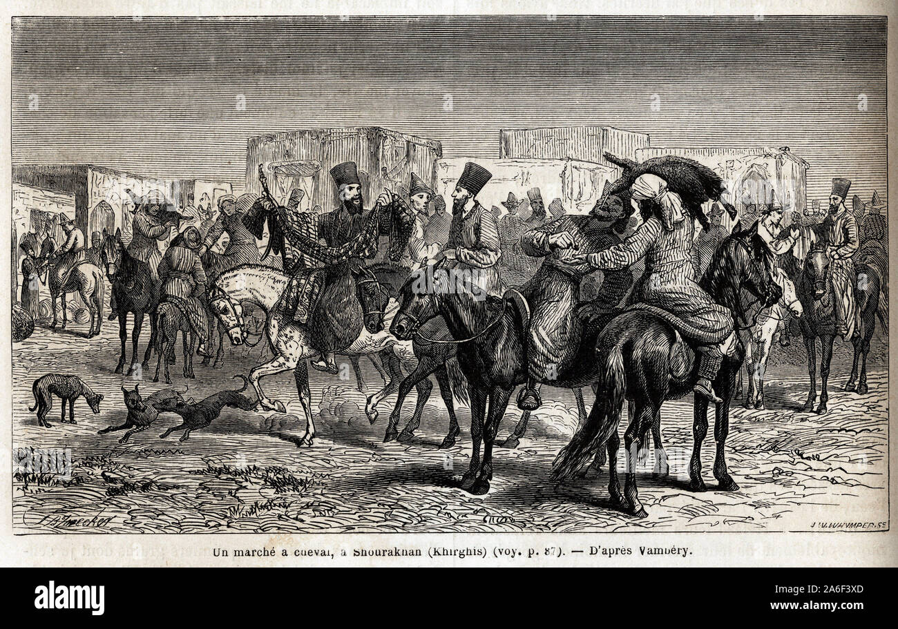 Un marche a cheval, a Shourakhan ( Kirghistan ou Kirghizistan). Dessin de Emile Bayard (1837-1891), pour illustrer le voyage dans l'Asie Centrale, en Stock Photo