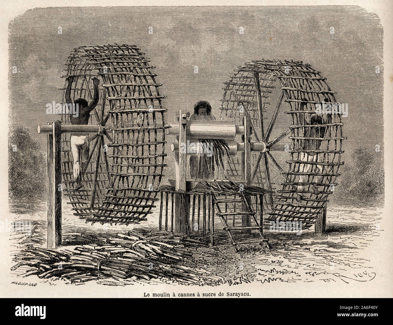 Le moulin-cage a broyer la canne a sucre de Sarayacu (Perou), dessin de Riou, pour illustrer le voyage de l'Ocean Pacifique a l'Ocean Atlantique, de 1 Stock Photo