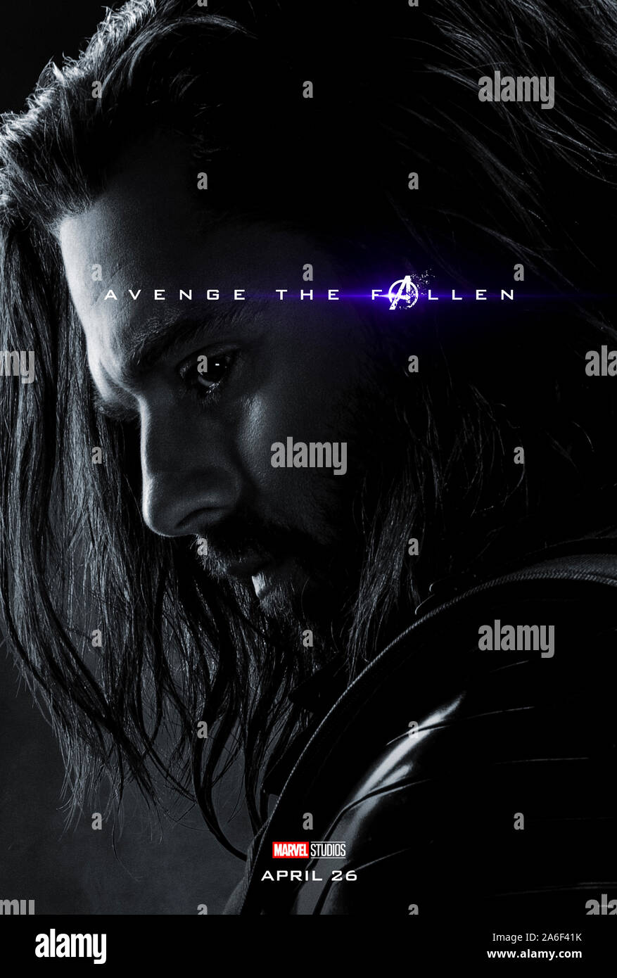 Character advance poster for Avengers: Endgame (2019) directed  by Anthony and Joe Russo starring Sebastian Stan as Bucky Barnes / Winter Soldier. The epic conclusion and 22nd film in the Marvel Cinematic Universe. Stock Photo