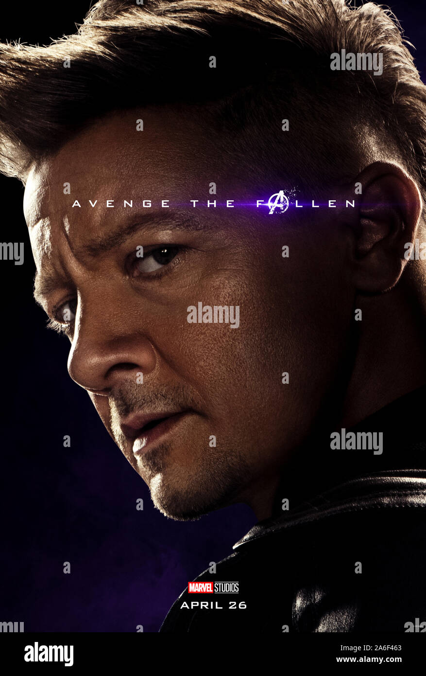 Character advance poster for Avengers: Endgame (2019) directed  by Anthony and Joe Russo starring Jeremy Renner as Clint Barton / Hawkeye. The epic conclusion and 22nd film in the Marvel Cinematic Universe. Stock Photo