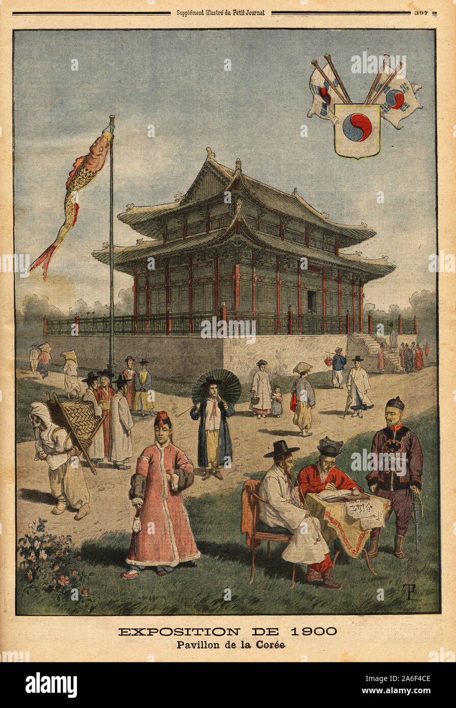 Presentation du pavillon de la Coree a l'exposition de 1900, avec des coreens en costumes traditionnels et le drapeau du pays. Gravure in 'Le petit jo Stock Photo