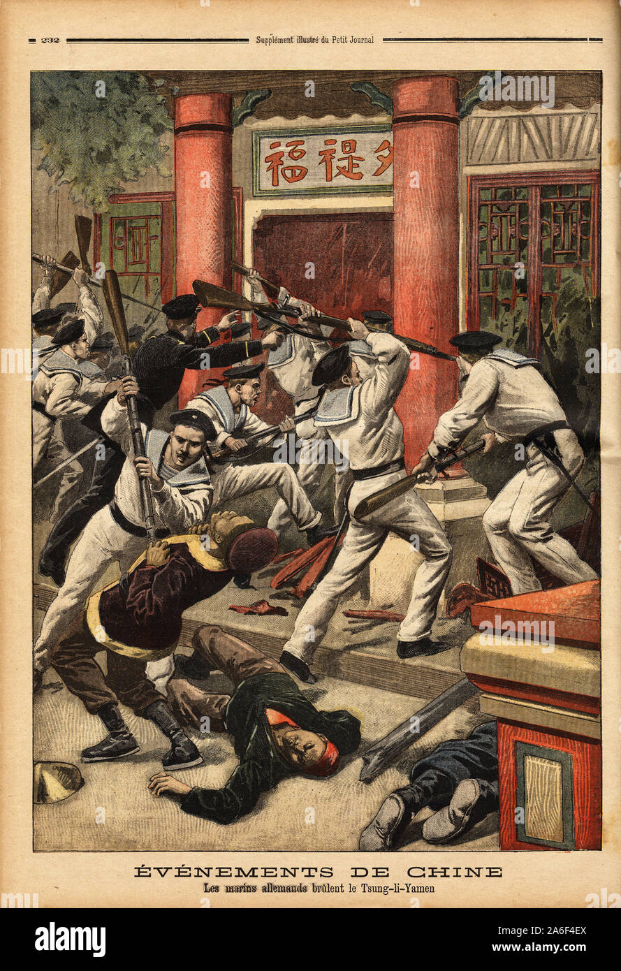 Les marins allemands attaquent le Tsung Li Yamen ( le ministere des affaires etrangeres imperial chinois), en represailles contre l'assassinat de leur Stock Photo