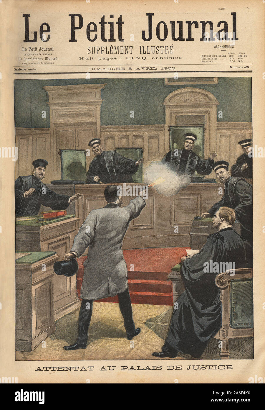 Un homme tire sur le president de la cour de justice de Paris, lors de la lecture du jugement en appel ou il a ete condamne . Gravure in ' Le petit jo Stock Photo