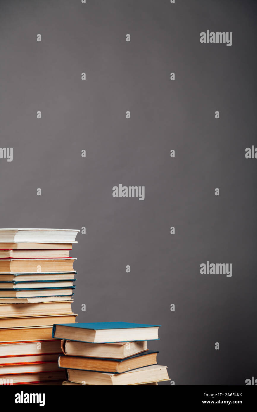 a lot of different educational books on a gray background Stock Photo