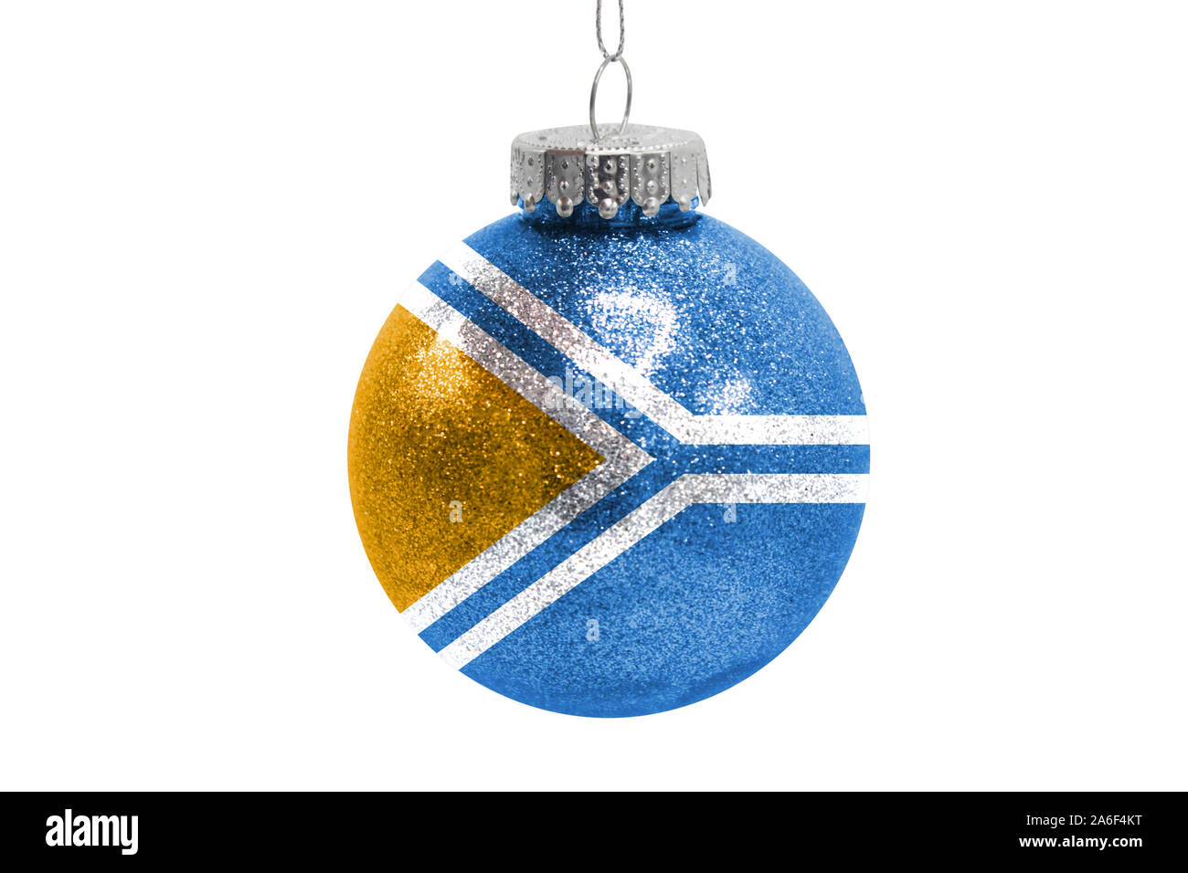 Glass Christmas ball toy isolated on white background with the flag of Tuva Stock Photo