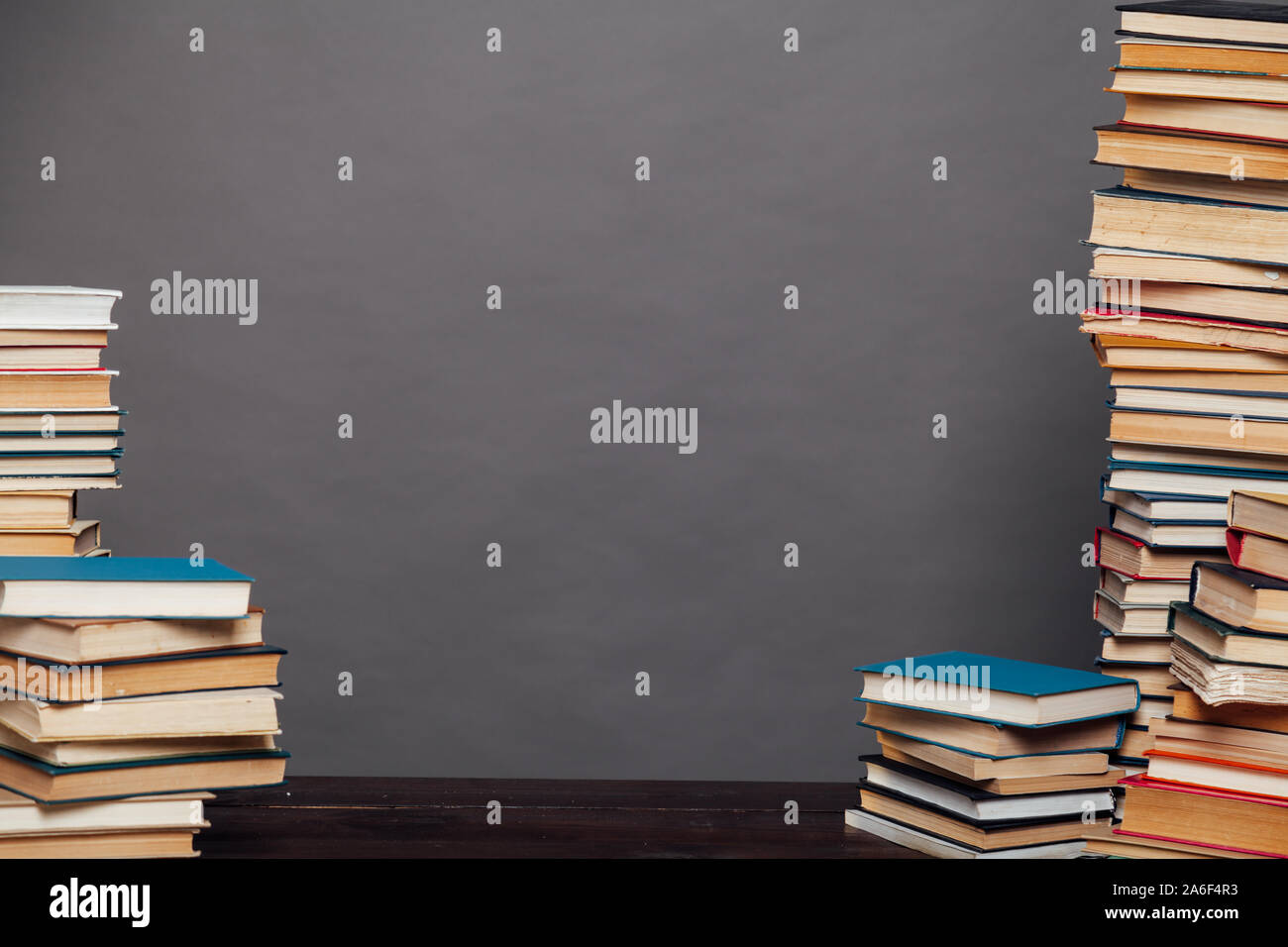 a lot of different educational books on a gray background Stock Photo