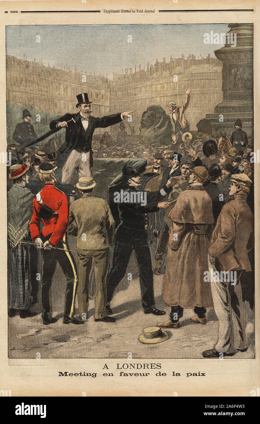 Un meeting en faveur de la paix au Transvaal, a Trafalgar square, a Londres. Gravure in 'Le petit journal' 8/9/1899. Stock Photo