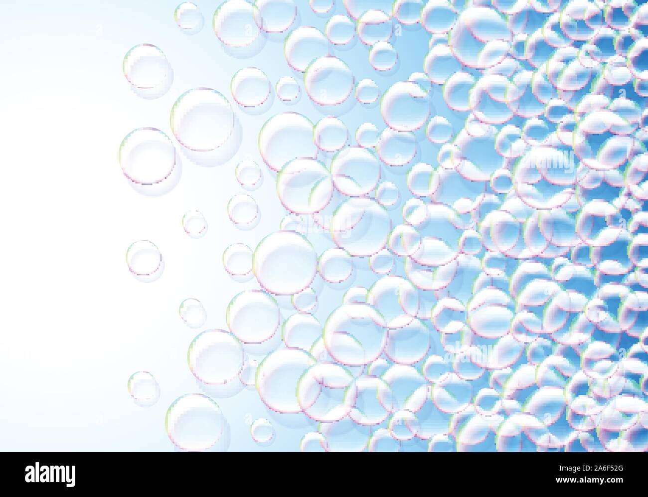 Soap bubbles abstract blue background with rainbow colored airy foam ...