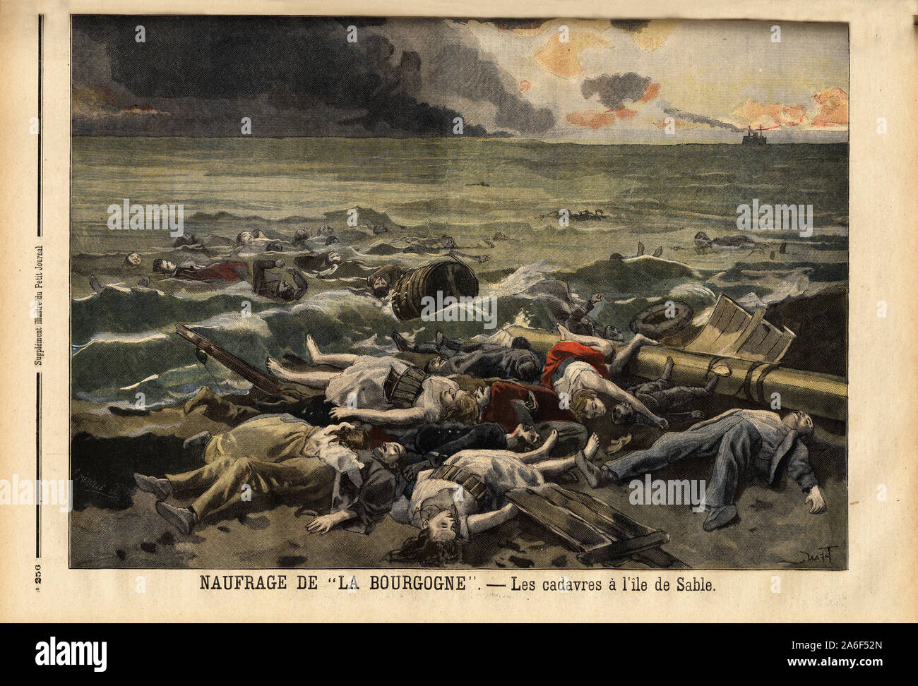 Amoncellement des cadavres des naufrages du navire La bourgogne, sur l'ile de sable, au nord ouest d'Halifax. Gravure in "Le petit journal" 7/8/1898. Stock Photo