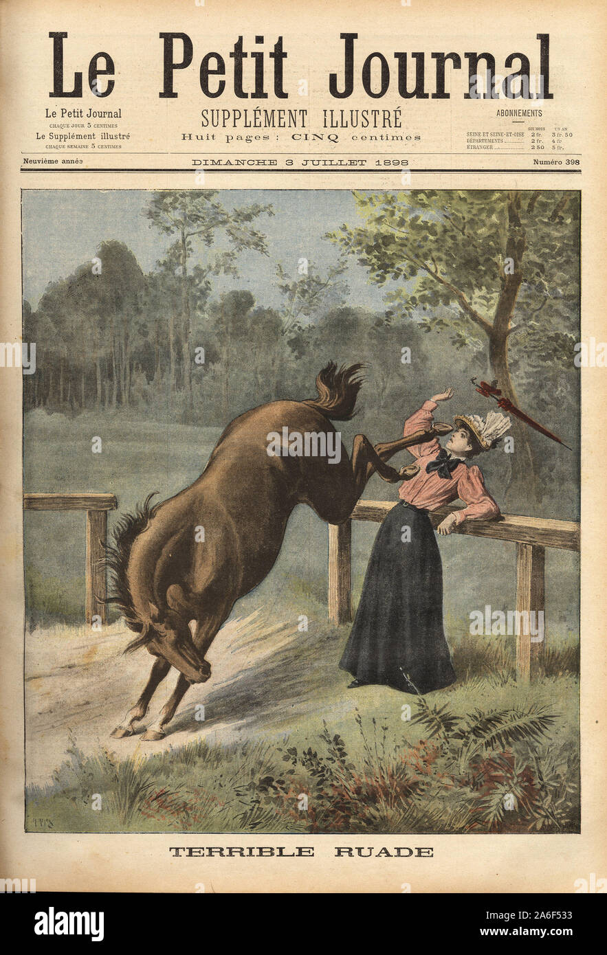 La ruade d'une jument blesse gravement en pleine poitrine une jeune promeneuse. Gravure in 'Le petit journal' 3/7/1898. Stock Photo