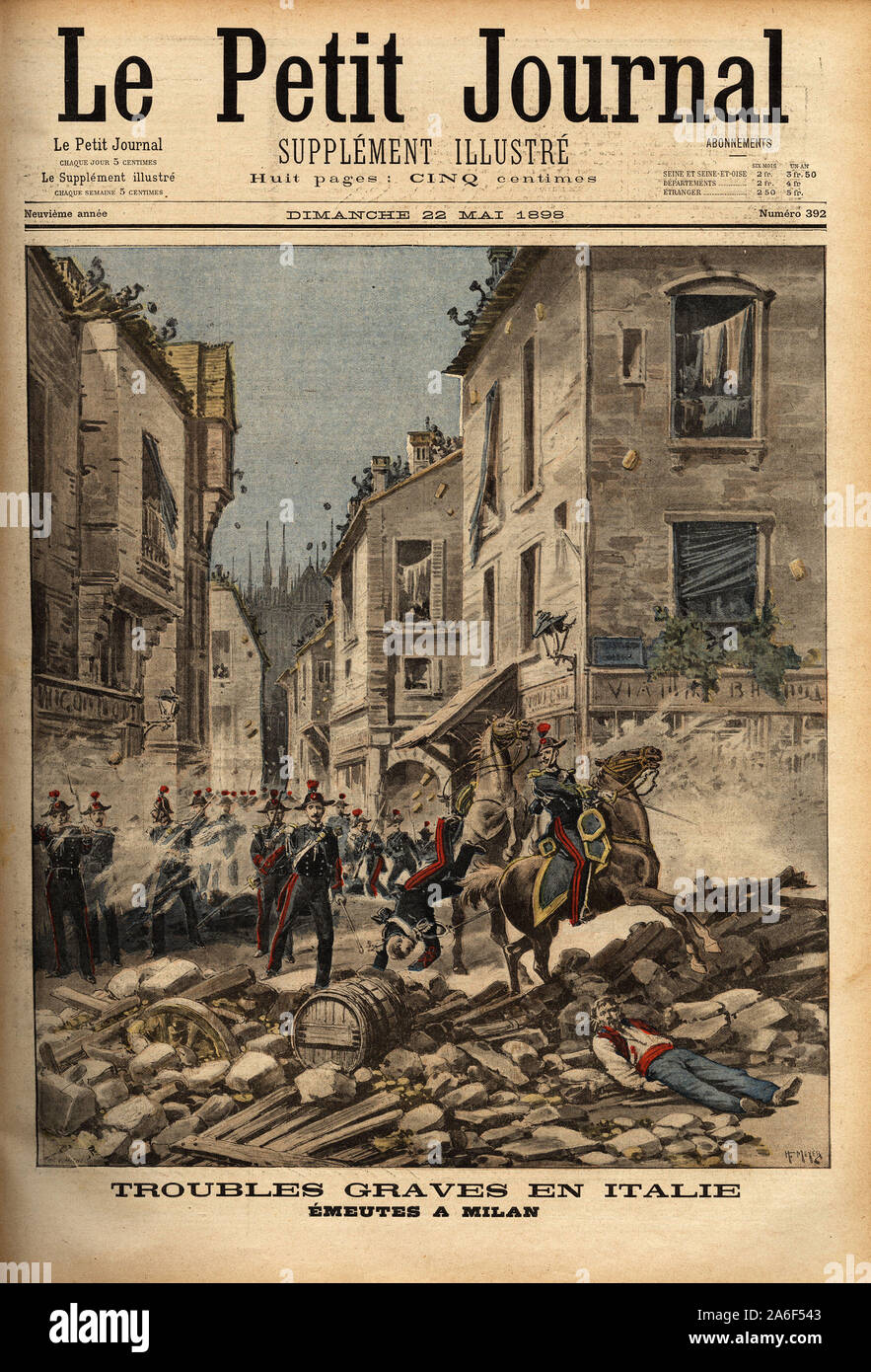 (moti di Milano, massacre de Bava-Beccaris, mai 1898) - Emeutes a Milan ( Italie), scene de bataille de rue avec barricades, la troupe intervient pour Stock Photo