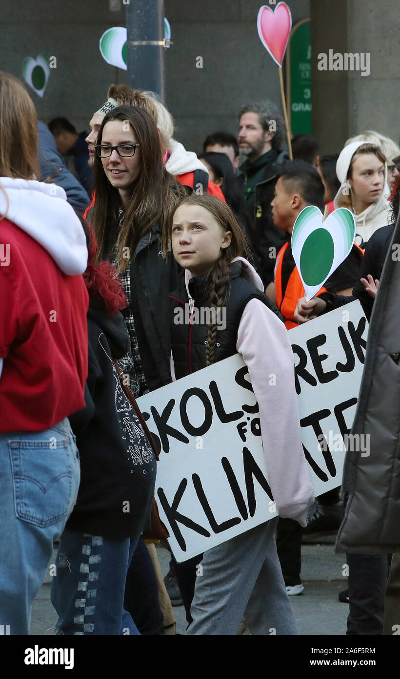 Vancouver, British Columbia, Canada, 25th October 2019. Swedish teen activist Greta Thunberg arrives for the post federal election Friday climate strike march starting and ending at the Vancouver Art Gallery in Vancouver, British Columbia on Friday, October 25, 2019. Organized by local youth-led, Sustainabiliteens, Greta and a turn out of nearly 10,000 climate activists demand action from industry and the various levels of government and are supporting the 15-youth who announced their plans to sue the federal government alleging it has contributed to climate change. Photo by Heinz Ruckemann/UP Stock Photo