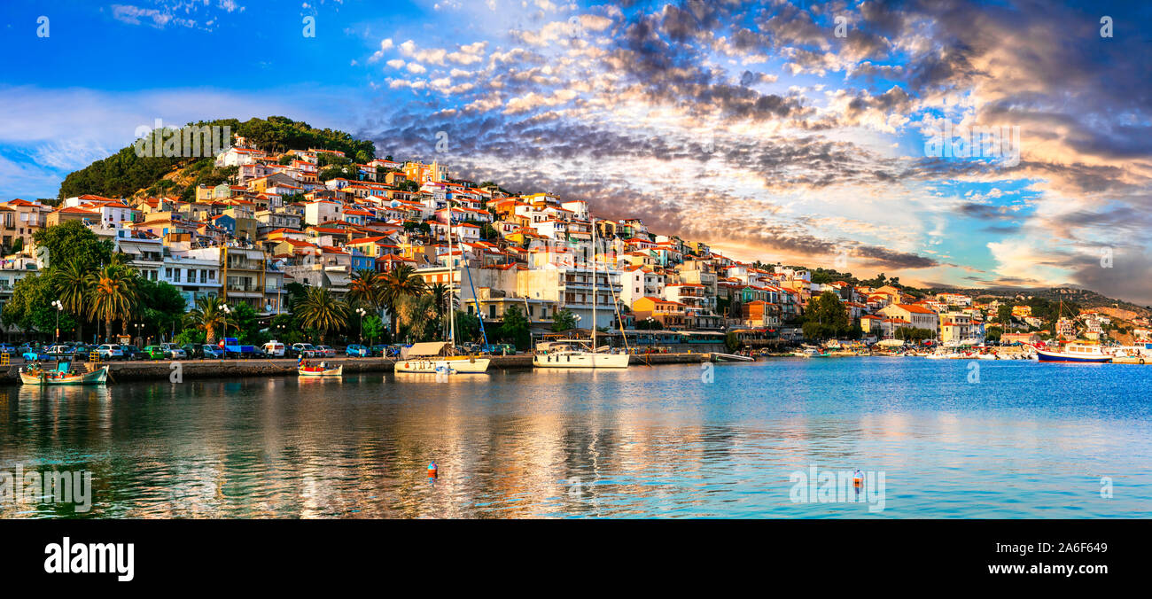 amazing Greece - beautiful authentic town Plomari (Plomarion) in Lesvos island Stock Photo