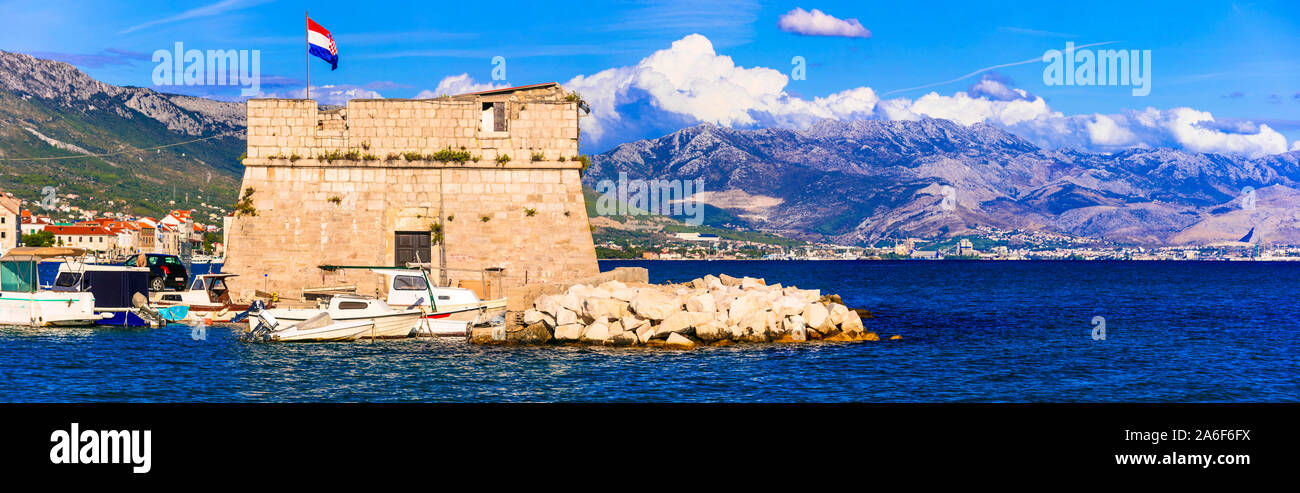 Beautiful scenery of Dalmatia. Croatia. Traditional fishing village Kastela , view of old tower fort Nehaj Tower Stock Photo