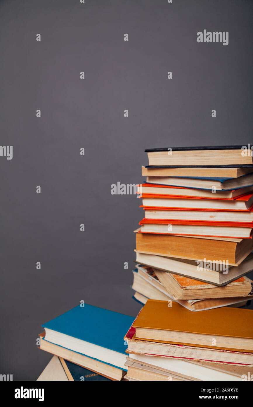 a lot of different educational books on a gray background Stock Photo