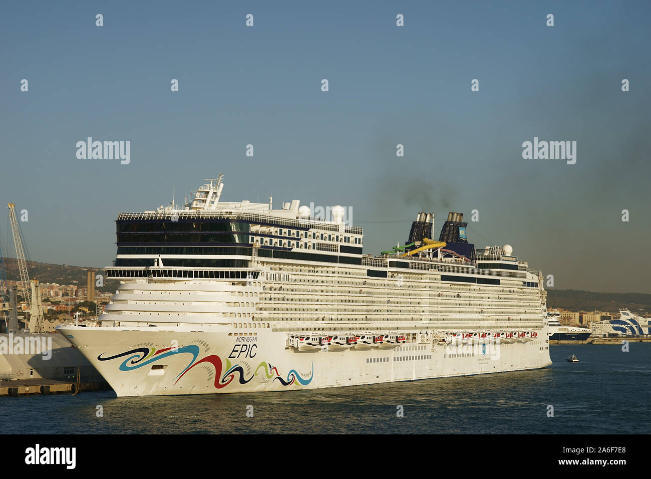 The Norwegian Epic cruise ship moored alongside at Civitavecchia harbor Italy. Port of Civitavecchia, near Rome, Lazio Stock Photo