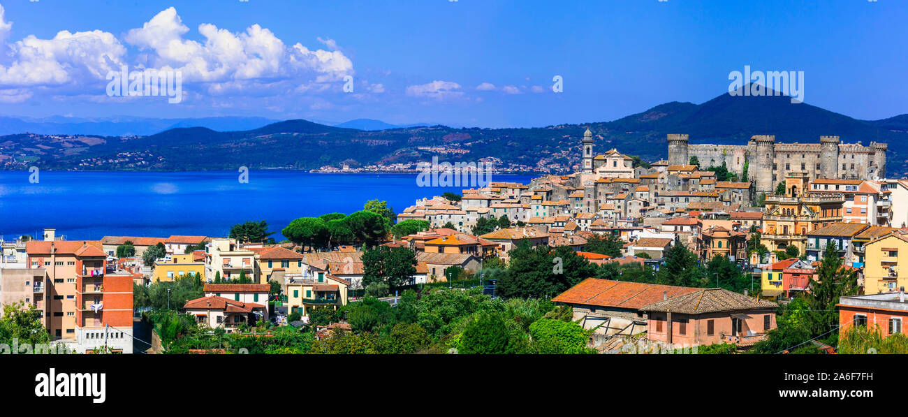 Impressive Bracciano village,view with lake,mountains and Odescalchi old castle,Lazio region,Italy. Stock Photo
