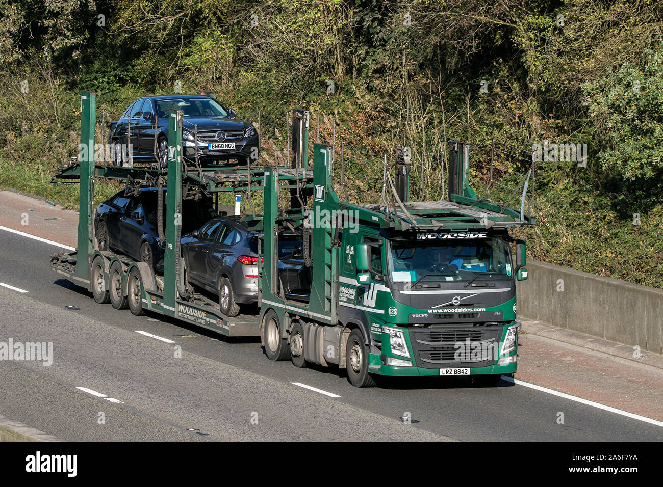 A Woodside Volvo globetrotter car carrier transporting second hand cars Stock Photo