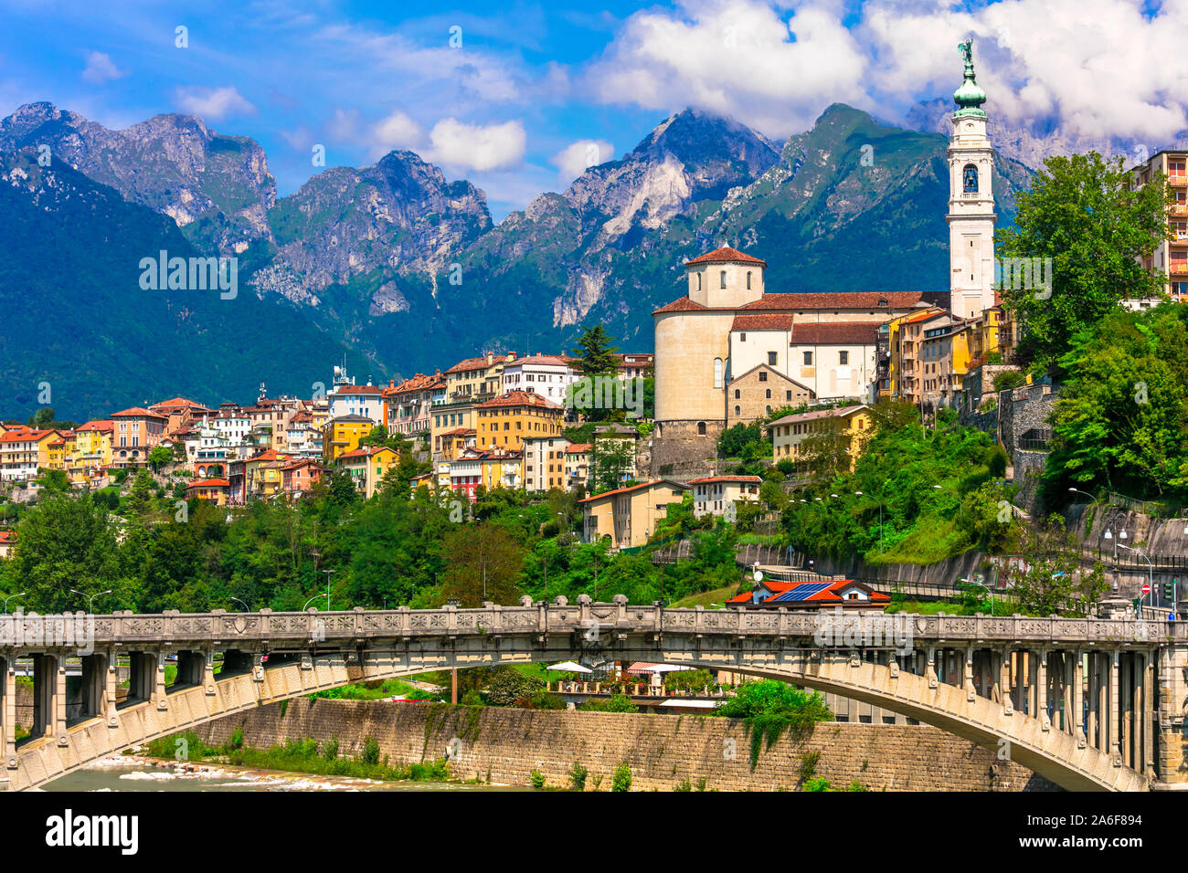 Amazing scenery of Dolomite mountain and beautiful Belluno town. Veneto province of Italy Stock Photo