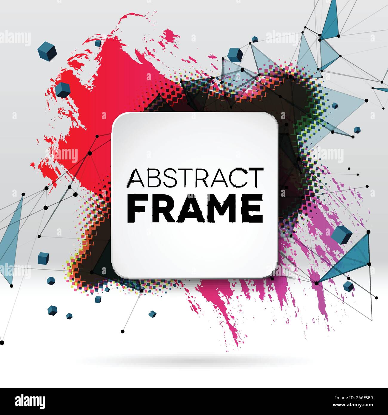 Background with brush stroke, blot, triangular grid and frame Stock Vector