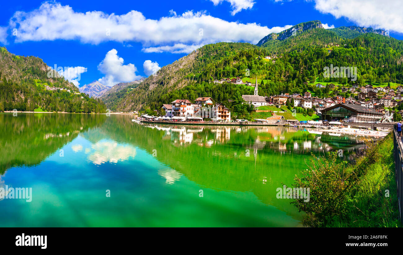 Idyllic scenery of beautiful lake Lago di Allghe in Northern Italy, Dolomite mountains Stock Photo