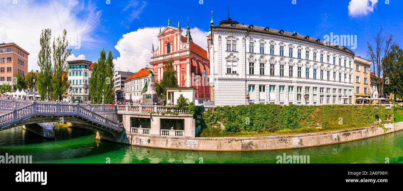 Impressive Ljubljana old town,view with old cathedral,colorful houses,bridge and river.Slovenia. Stock Photo