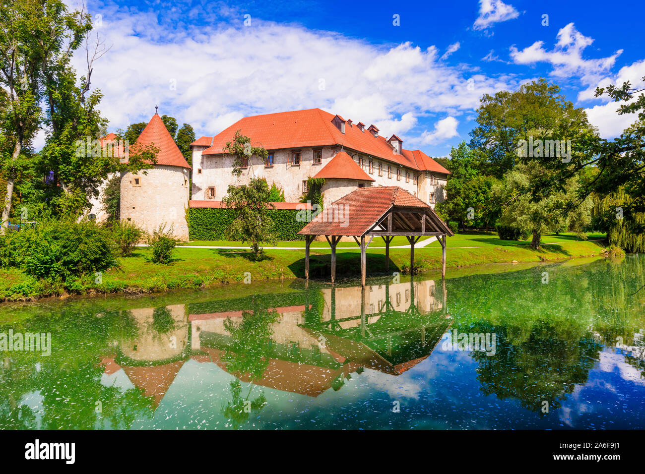 beautiful medieval castles of Slovenia - Grad Otocec over Krka river Stock Photo