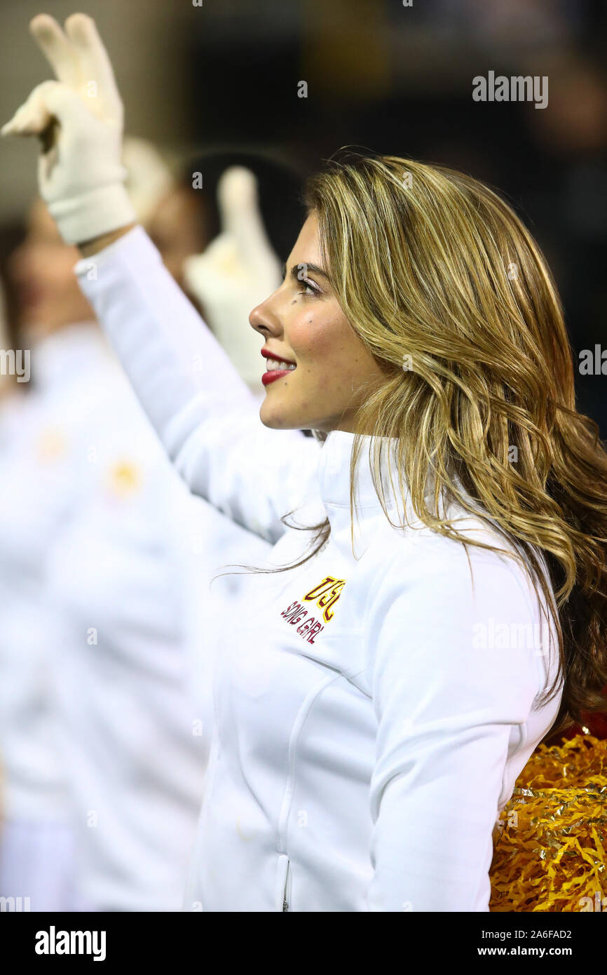 October 25, 2019: A USC cheerleader performs in the second half of the game between Colorado and USC at Folsom Field in Boulder, CO. USC rallied to win 35-31. Derek Regensburger/CSM. Credit: Cal Sport Media/Alamy Live News Credit: Cal Sport Media/Alamy Live News Stock Photo