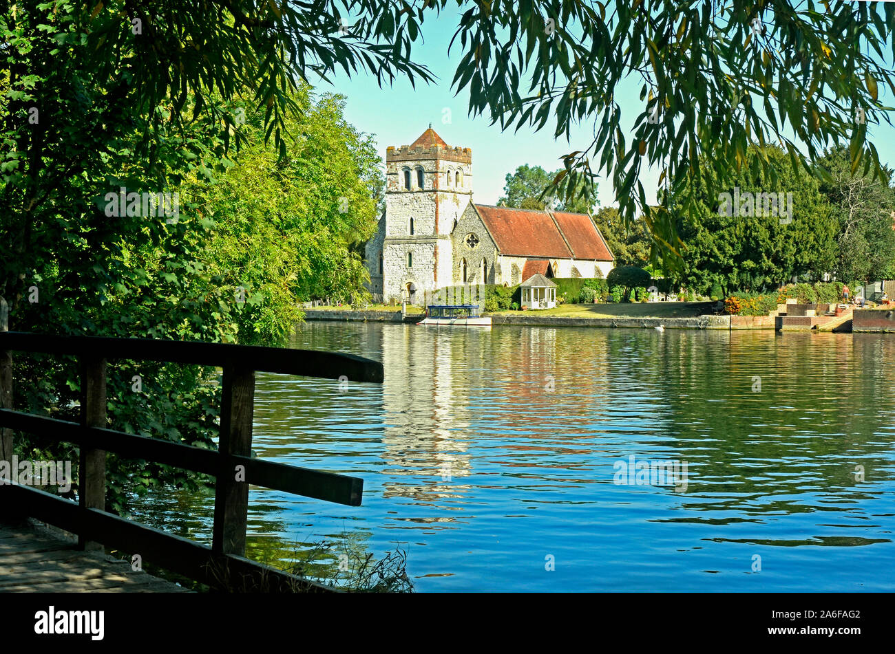 Berkshire - river Thames - Bisham church- summer day - reflections - sunlight - blue sky - tranquil - picturesque Stock Photo