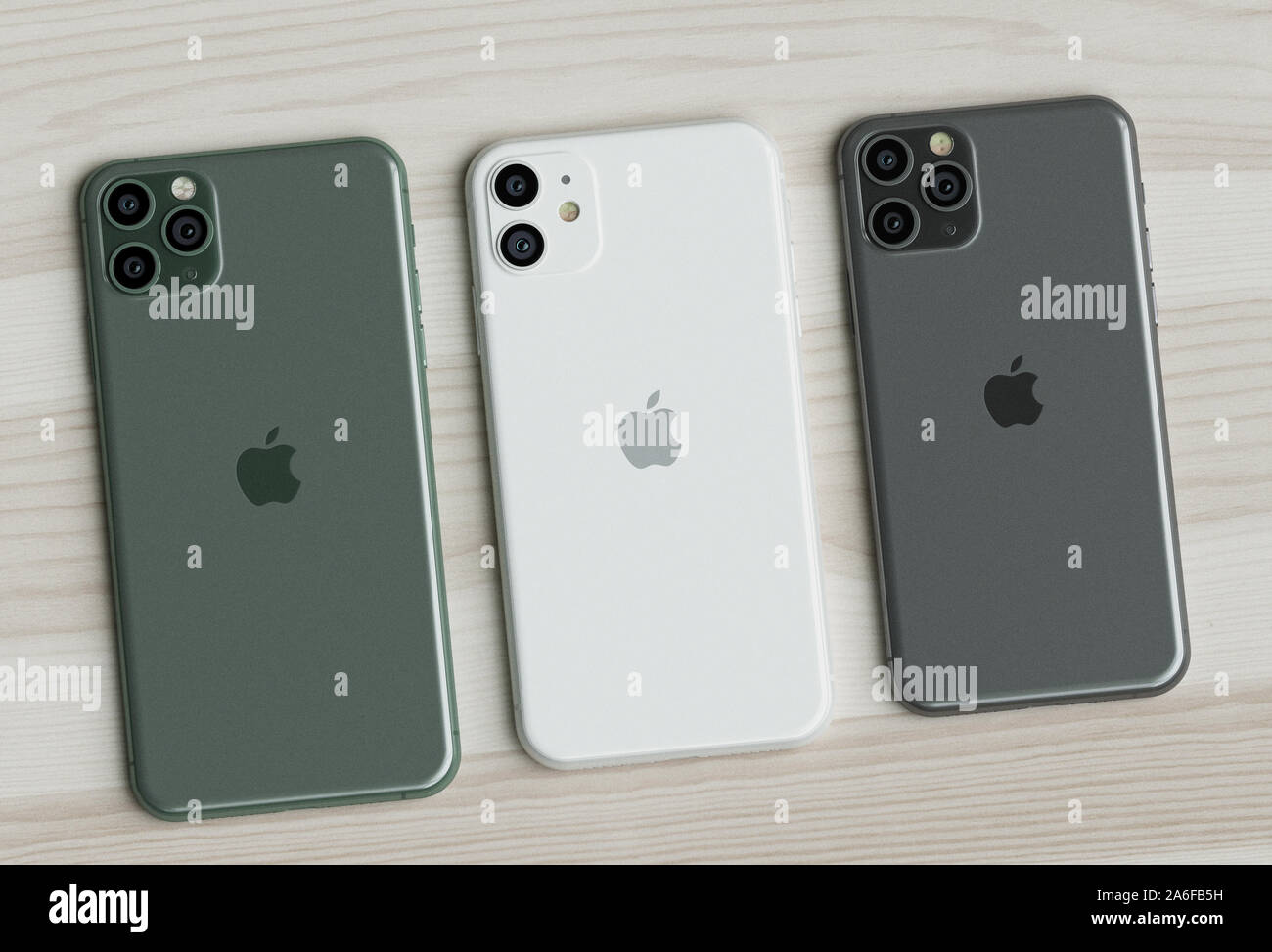 ITALY -22 SEPTEMBER, 2019: Iphone 11, 11 Pro and 11 Max smartphones on table. Latest Apple Mobile iphones model. Illustrative editorial. Stock Photo