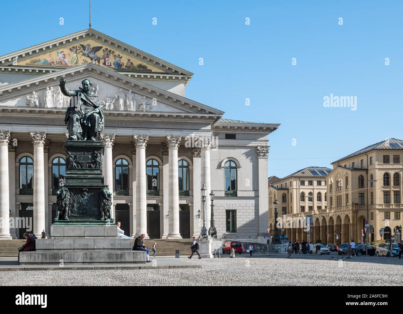 Monument to King Maximilian I Joseph von Bayern, located in Max Joseph Platz, in front of the National Theatre building, Altstadt, Munich, Germany Stock Photo