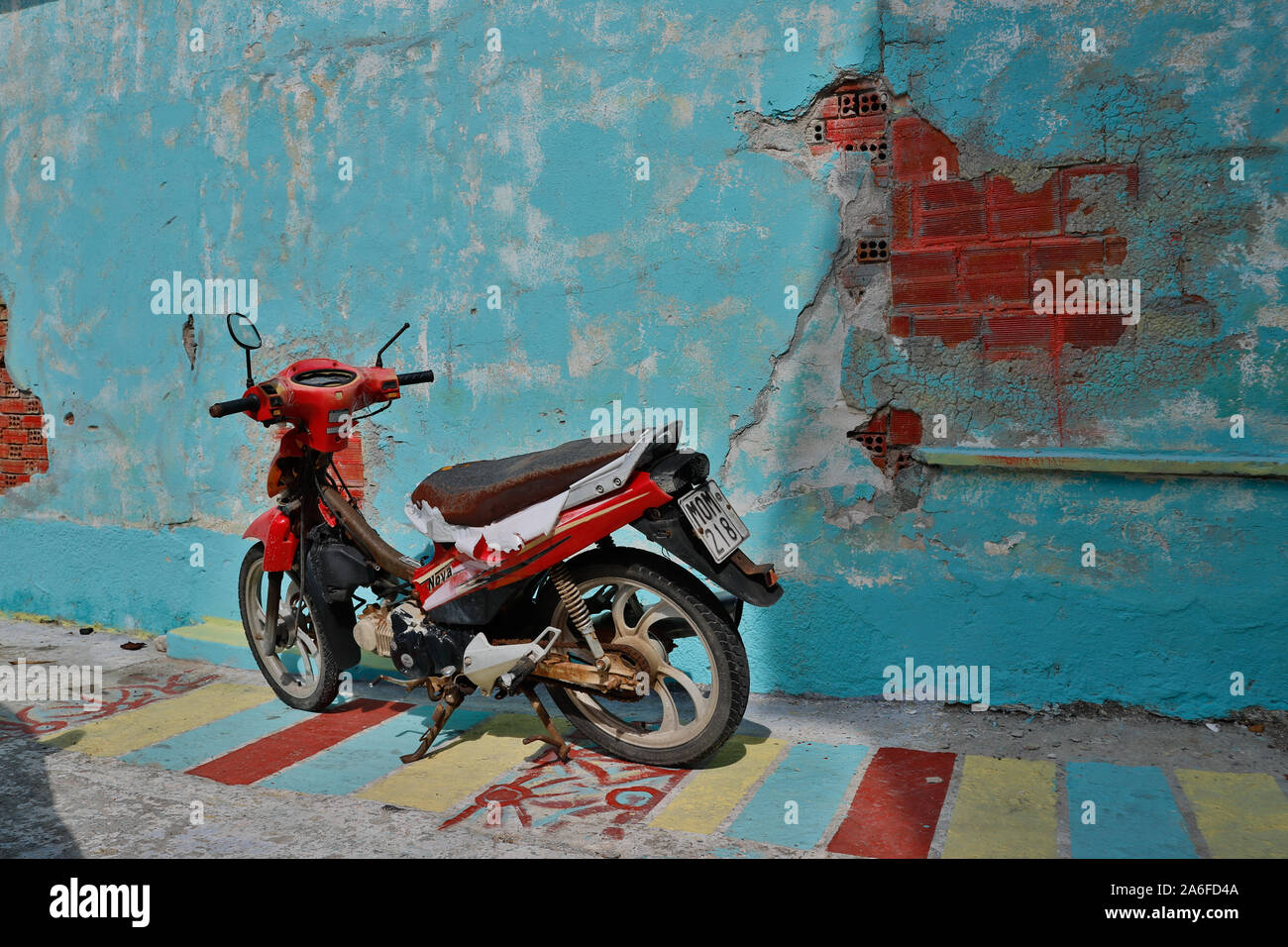 Kokkari, Samos / Greece, October 3, 2019. Old rusted moped in Kokkari on the Greek Aegean island