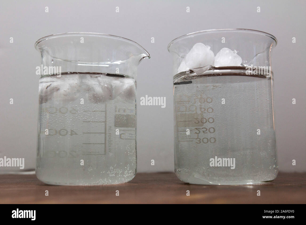 science experiment shows the effects of ice melting in the arctic and antarctic. showing water rising when the ice melts on a landmass. Stock Photo