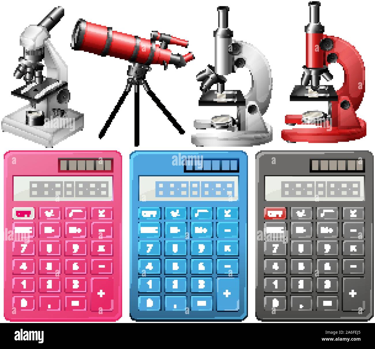 Calculators and microscopes on white background illustration Stock