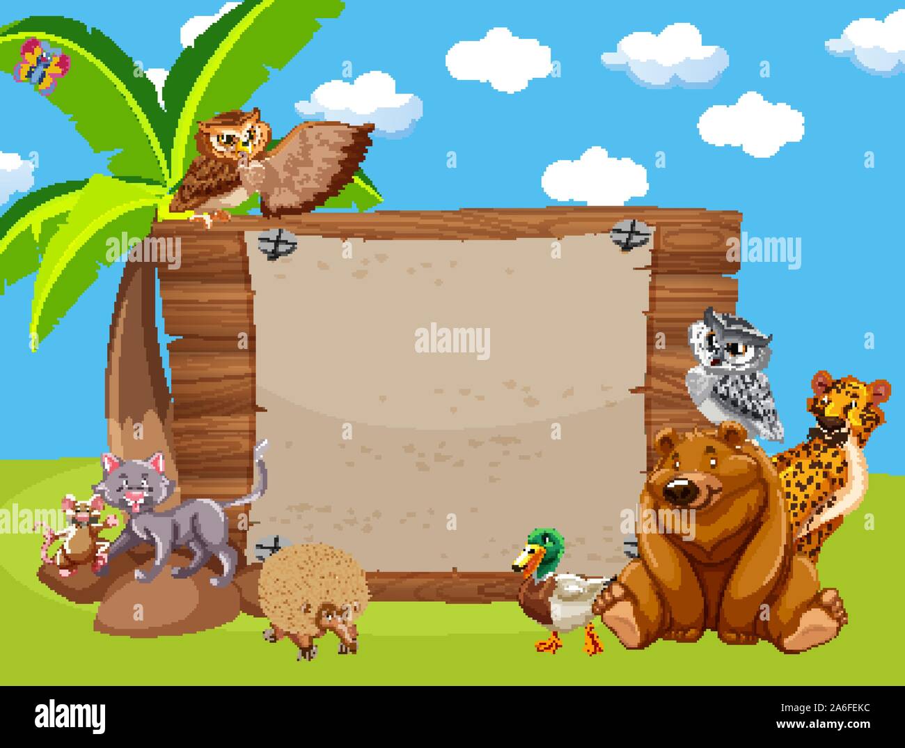 Wooden sign with cute animals in the park illustration Stock Vector ...
