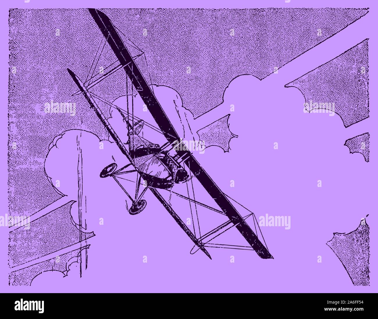 Rolling historic biplane in front of a cloudy and sunny sky on a purple background. Editable in layers Stock Vector