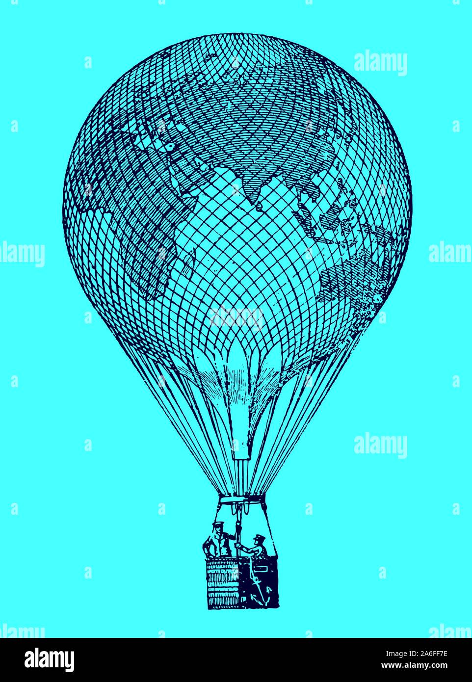 Historic gas balloon with earth map carrying two men on a cyan background. Editable in layers Stock Vector