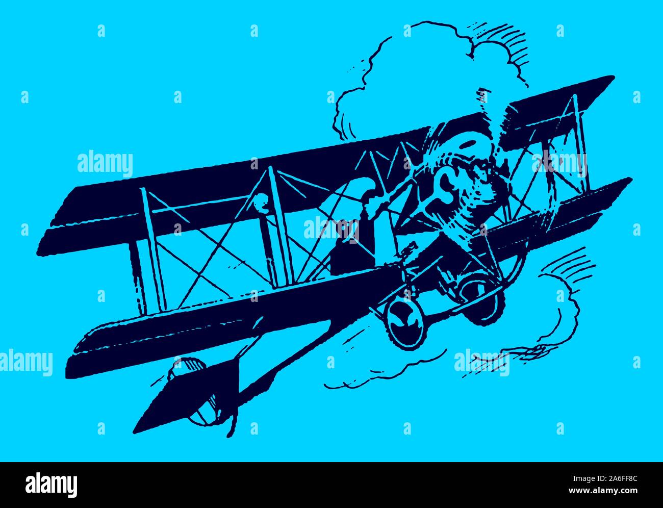Ascending historic biplane in front of cumulus clouds on a blue background. Editable in layers Stock Vector