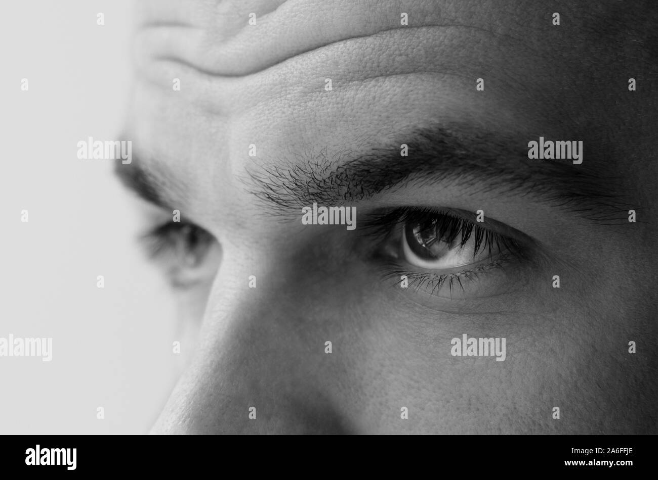 Close up shot of attractive male eyes, thick eyebrows and wrinkled forehead. Black and white photography Stock Photo