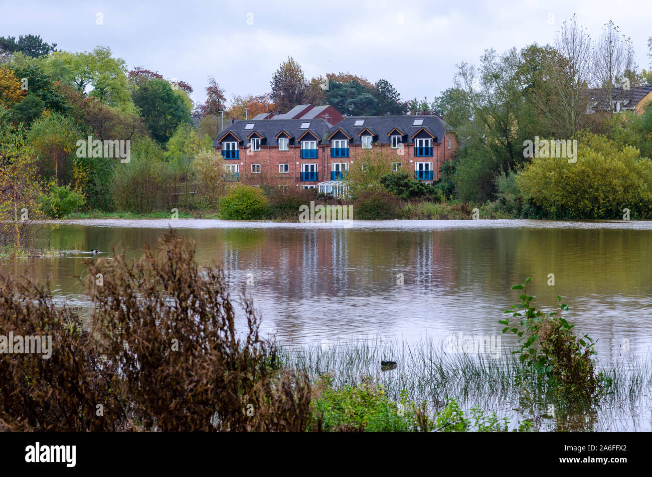 Flood in Staffordshire town Stone, UK. The river Trent flooded the roads and The Crown Meadow. Some cars were drown in water. Stock Photo