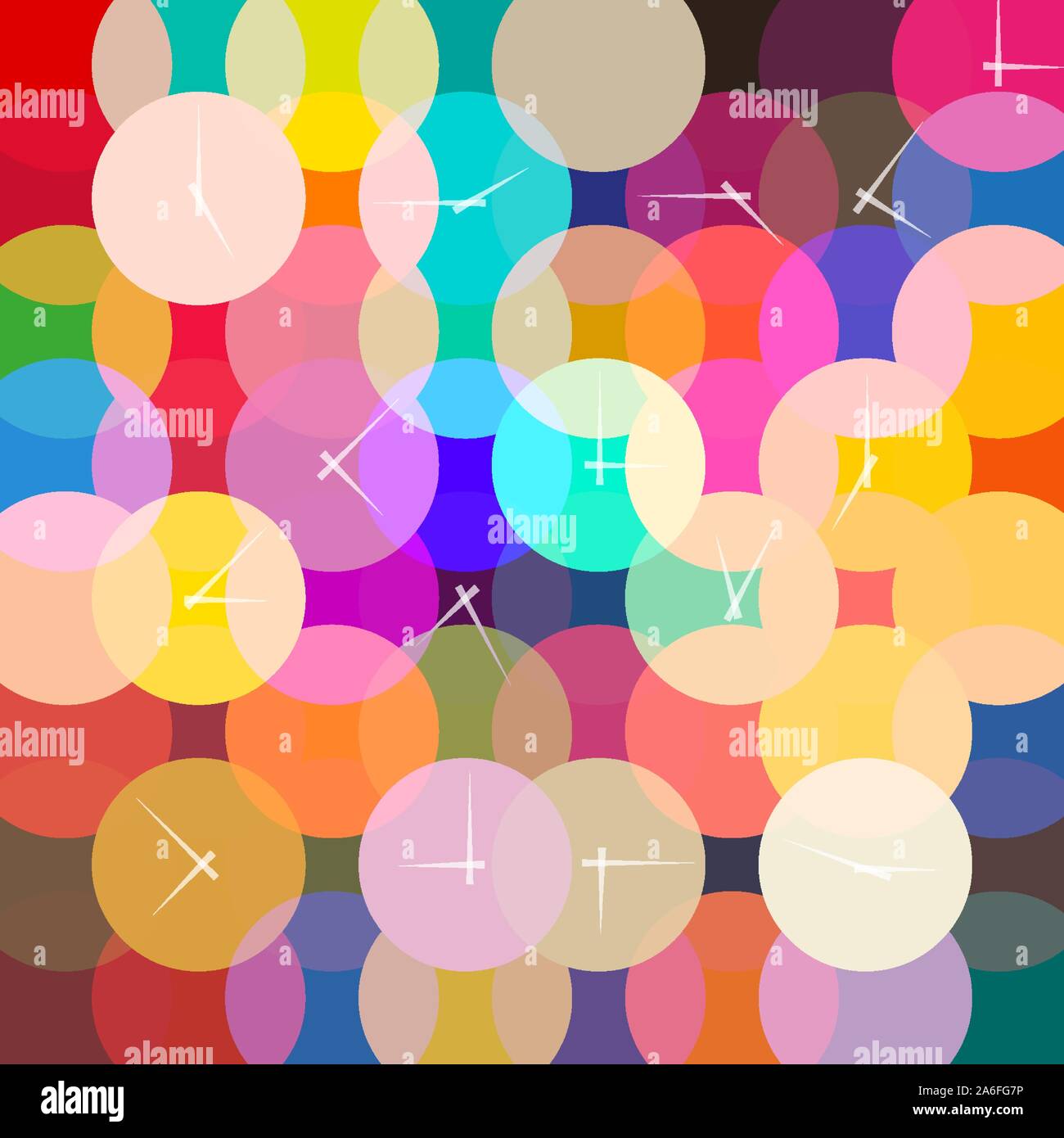 Multicolored round watches or clock faces background. Vector