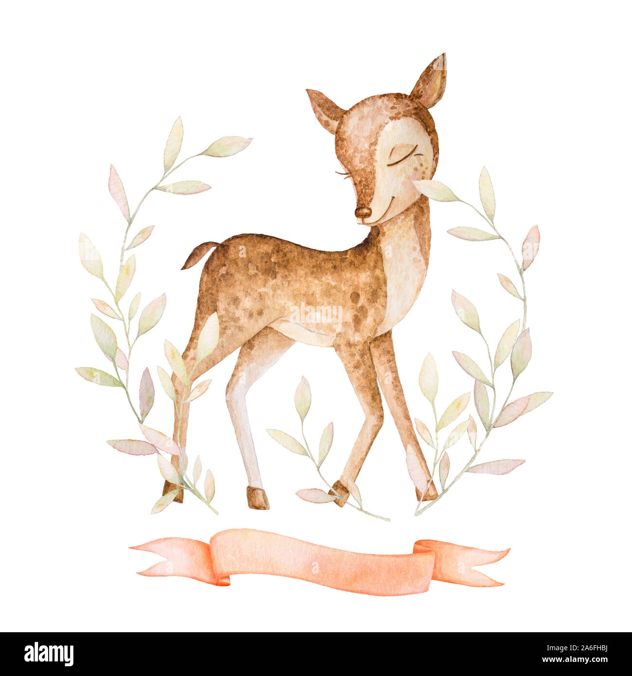 Forest animals, small deer, branches, leaves, ribbon. Watercolor. White ...