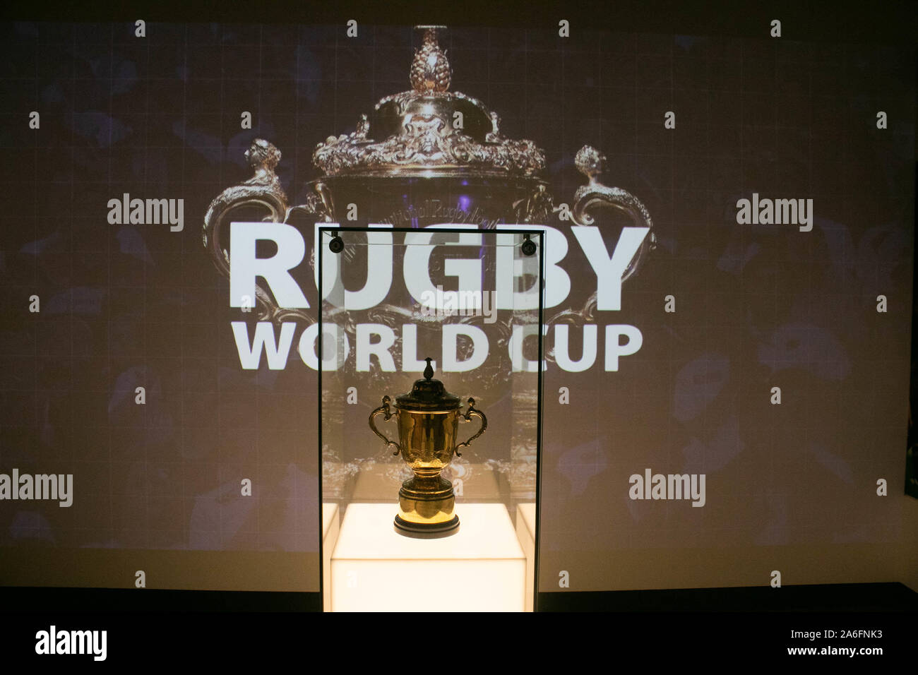 London, UK. 26th Oct, 2019. A replica of the Webb Ellis trophy on display in a glass cabinet at the Twickenham museum on the day England reached the World Cup finals in Japan by beating the New Zealand All Blacks in Yokohama. Credit: Amer Ghazzal/SOPA Images/ZUMA Wire/Alamy Live News Stock Photo