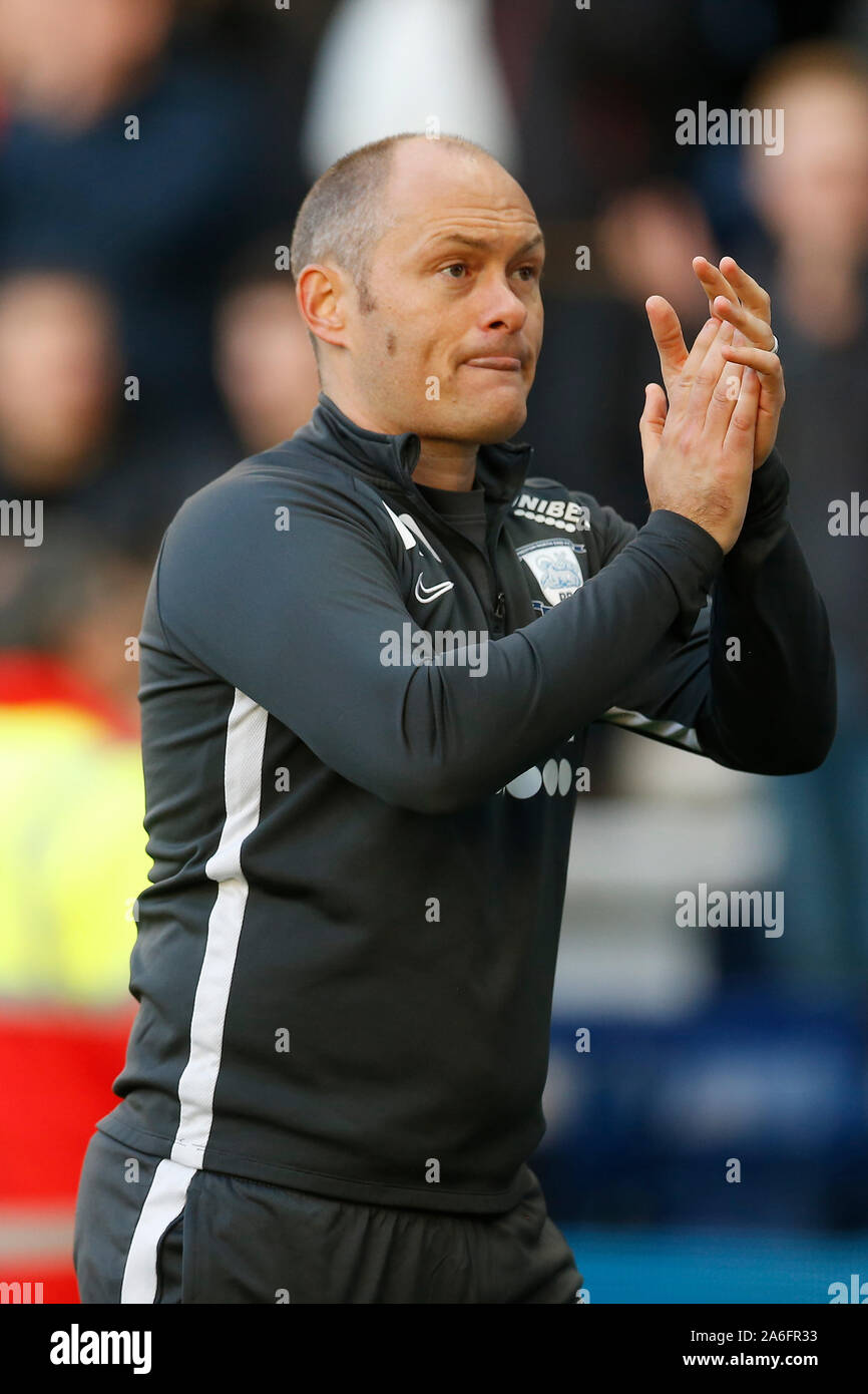 Deepdale, Preston, Lancashire, UK. 26th Oct, 2019. Championship football league, PPreston North End versus Blackburn Rovers; Preston North End manager Alex Neil salutes the home fans after his side clawed back a two goal lead to win 3-2 - Strictly Editorial Use Only. No use with unauthorized audio, video, data, fixture lists, club/league logos or 'live' services. Online in-match use limited to 120 images, no video emulation. No use in betting, games or single club/league/player publications Credit: Action Plus Sports/Alamy Live News Stock Photo