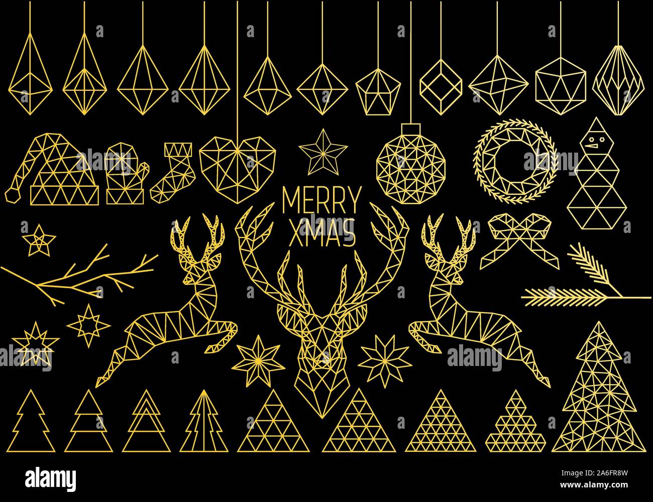 Gold geometric Christmas set, polygon reindeer, abstract low poly vector design elements Stock Vector